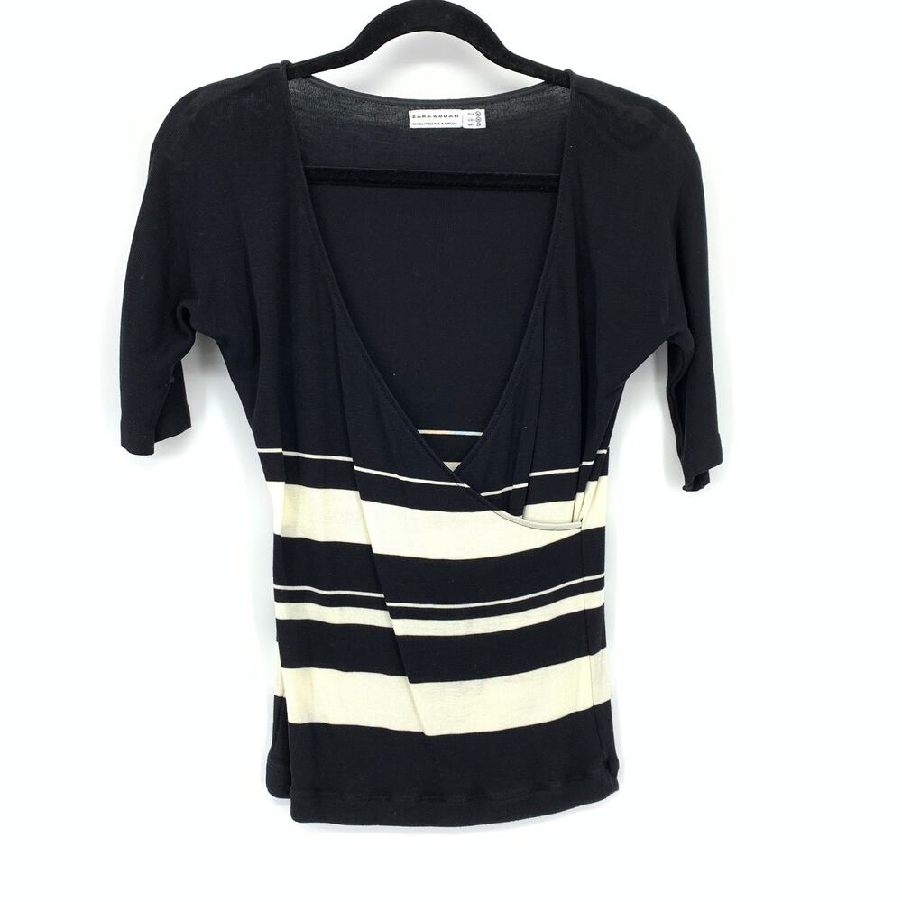 Zara Woman Faux Wrap Front Sweater Womens Sz M Short Sleeve Black White Stripe